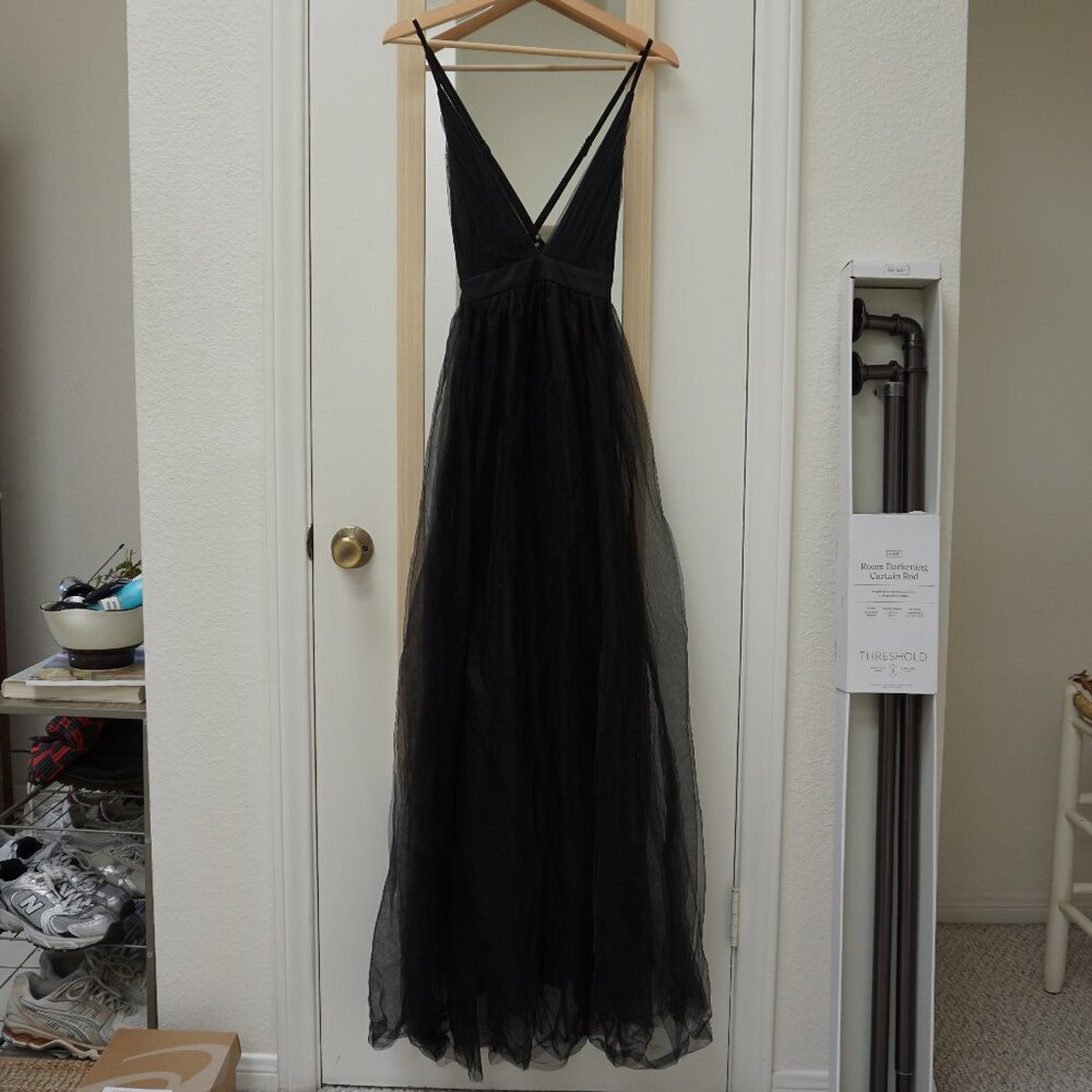 Black Mesh Deep V Neck Strappy Back Slit Formal Dress XS